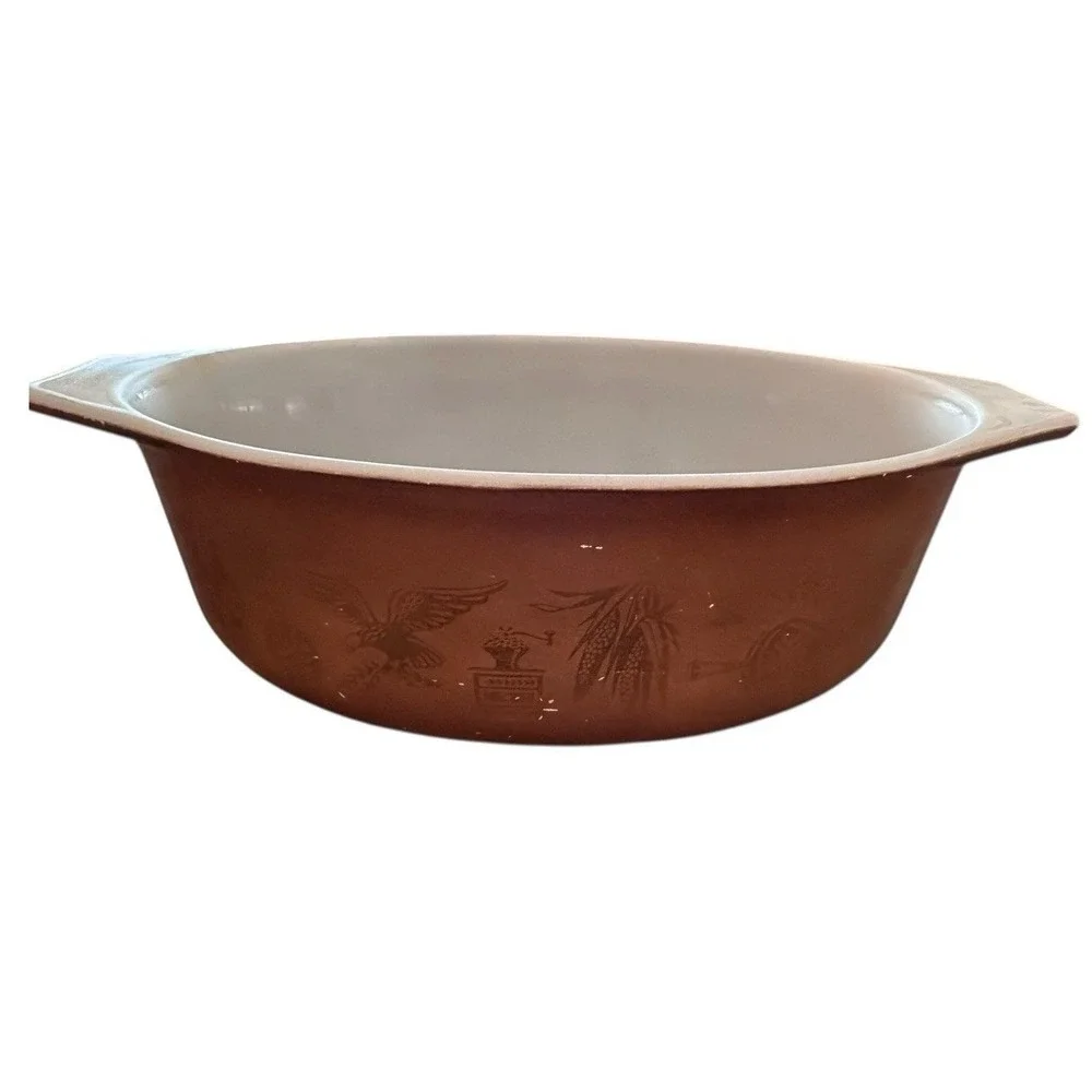 Pyrex‎ Early American Casserole Dish Brown Gold Eagle Milk Glass Vintage Good